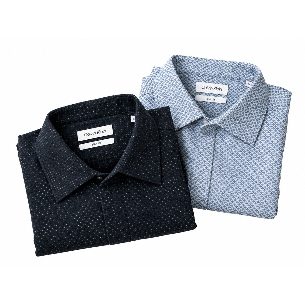 Calvin Klein Slim Fit Mens 15.5 Blue Black Geometric Button Up Shirt Bundle 2pk